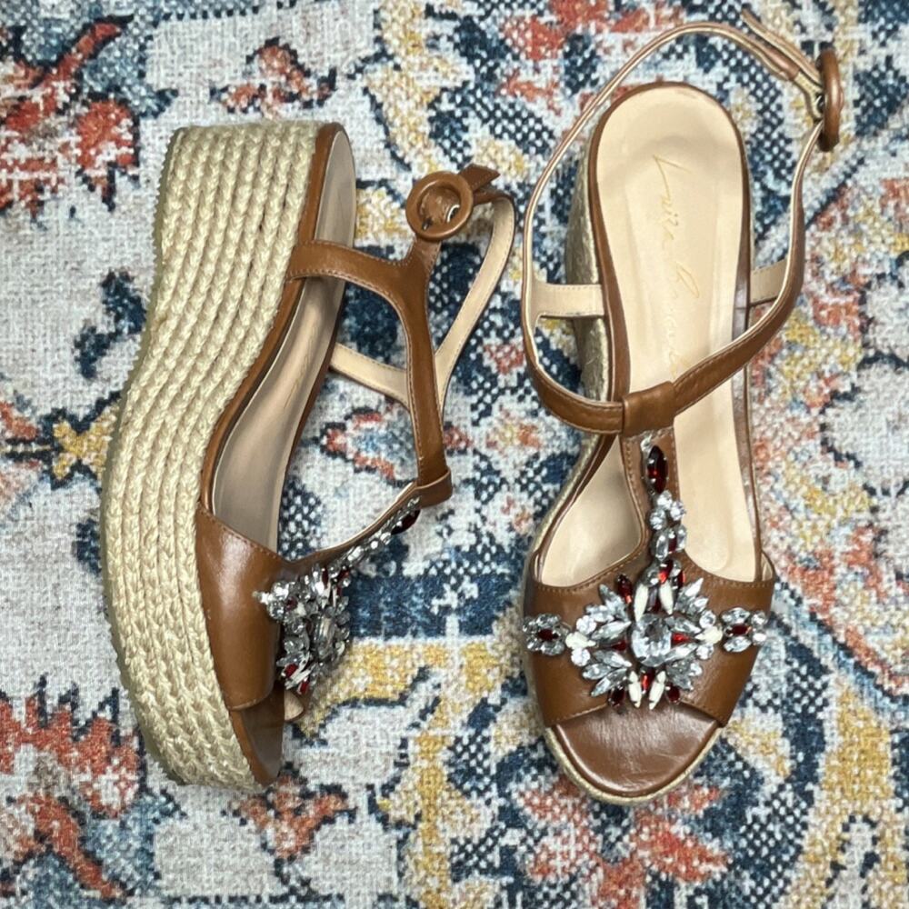 Luiza Barcelos Crystal Embellished Espadrille Flatform Sandals Brown Size 9B